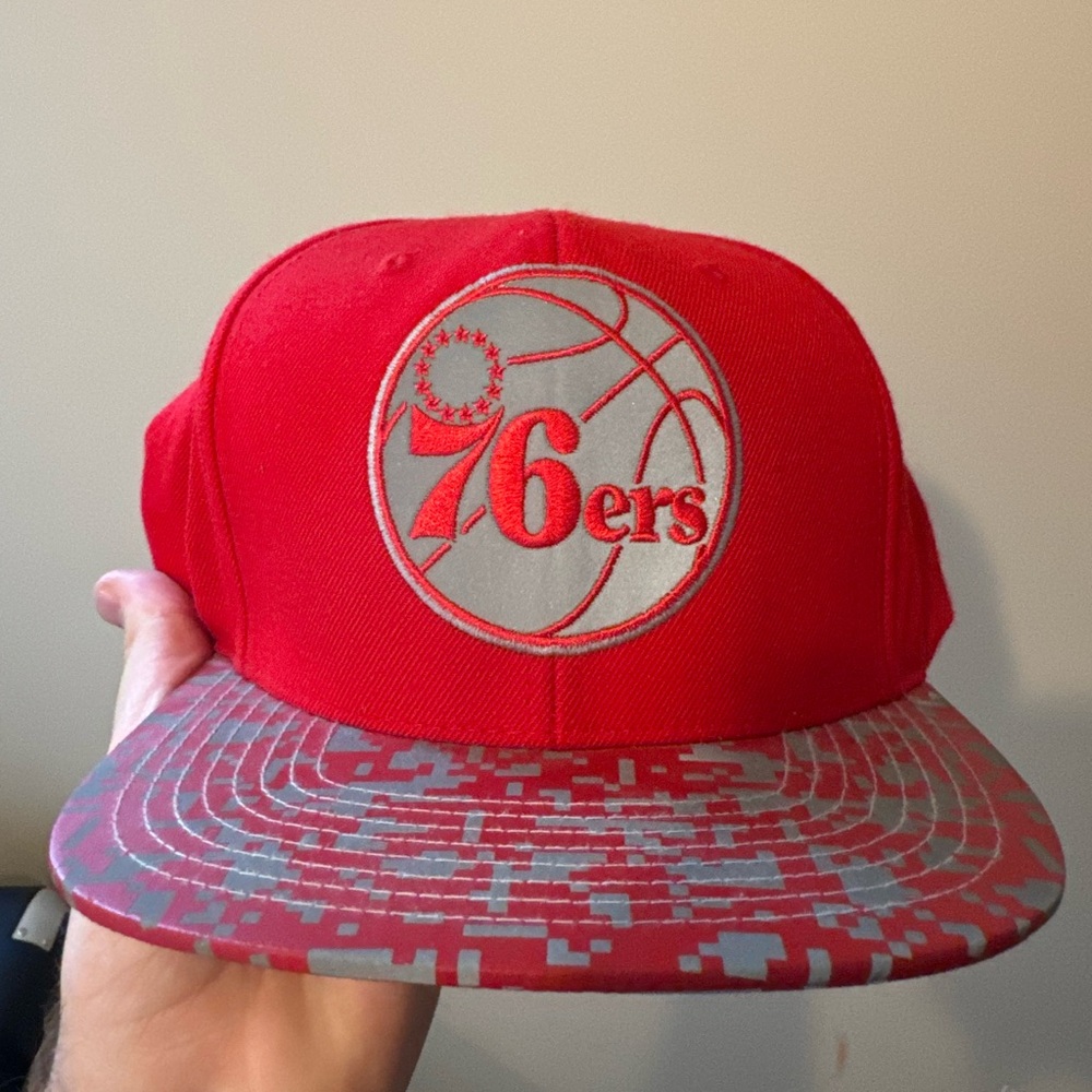 Red 76ers Mitchell and Ness Reflective Snapback Hat